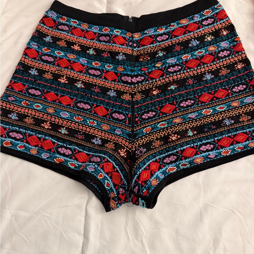 Zara Black High-Waist Shorts with Multicolor Embroidery
